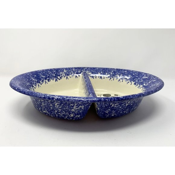 MOLLY DALLAS ROUND DIVIDED VEGETABLE BOWL ~ Pig Cow Blue Spatterware Farmhouse - Picture 3 of 10